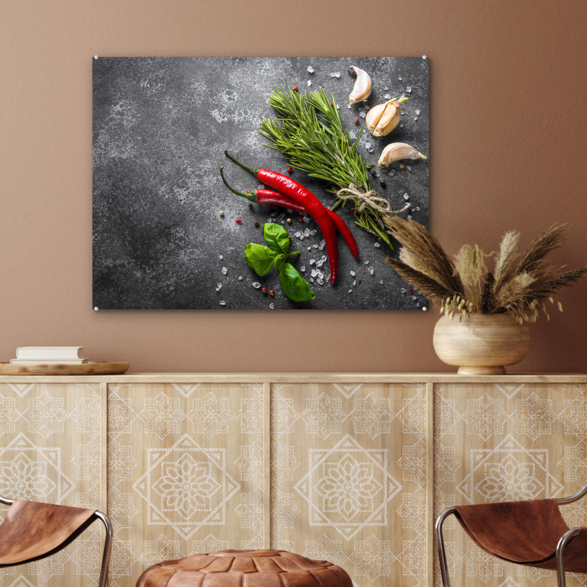 ACRYLGLASBILD Pfeffer - Kräuter - Gewürze - Beton 80x60 cm - Dunkelgrau, Glas (80/60cm) - MuchoWow