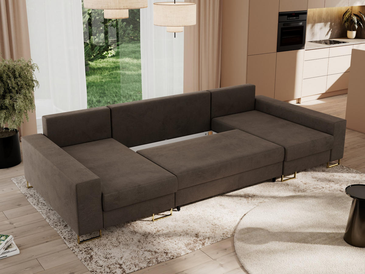 WOHNLANDSCHAFT DORIAN U Velvet Braun - Goldfarben/Braun, Textil/Metall (312/95/138cm) - MKS