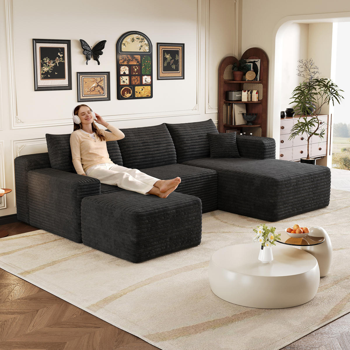 WOHNLANDSCHAFT Cord Schwarz ohne Montage - Schwarz, Textil (241/58/151cm) - WISHDOR