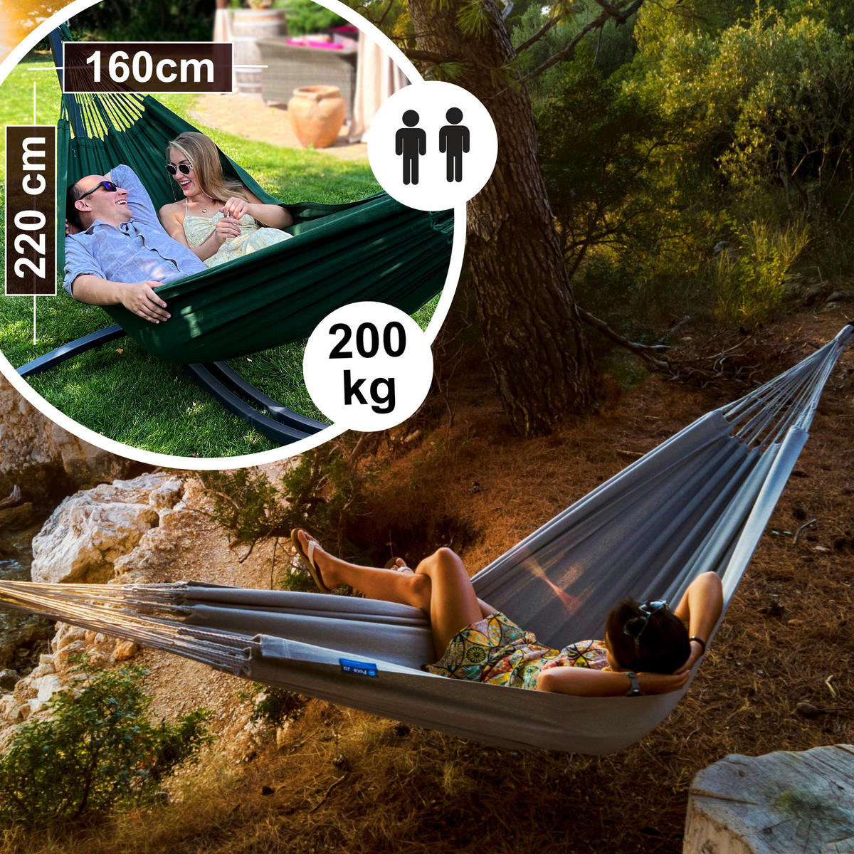 HÄNGEMATTE mit Gestell, 2 Personen, XXL, 200 kg, Metall, Merida Grau, einfache Montage - Grau, Metall (370/130/120cm) - Potenza