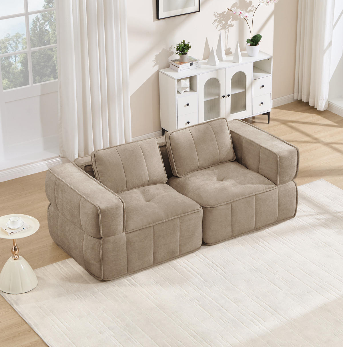 SOFA 198/93/67 cm in Sand mit modularer Form und tiefer Sitzfläche - Sandfarben, Kunststoff (93/67/198cm) - Flora Grace