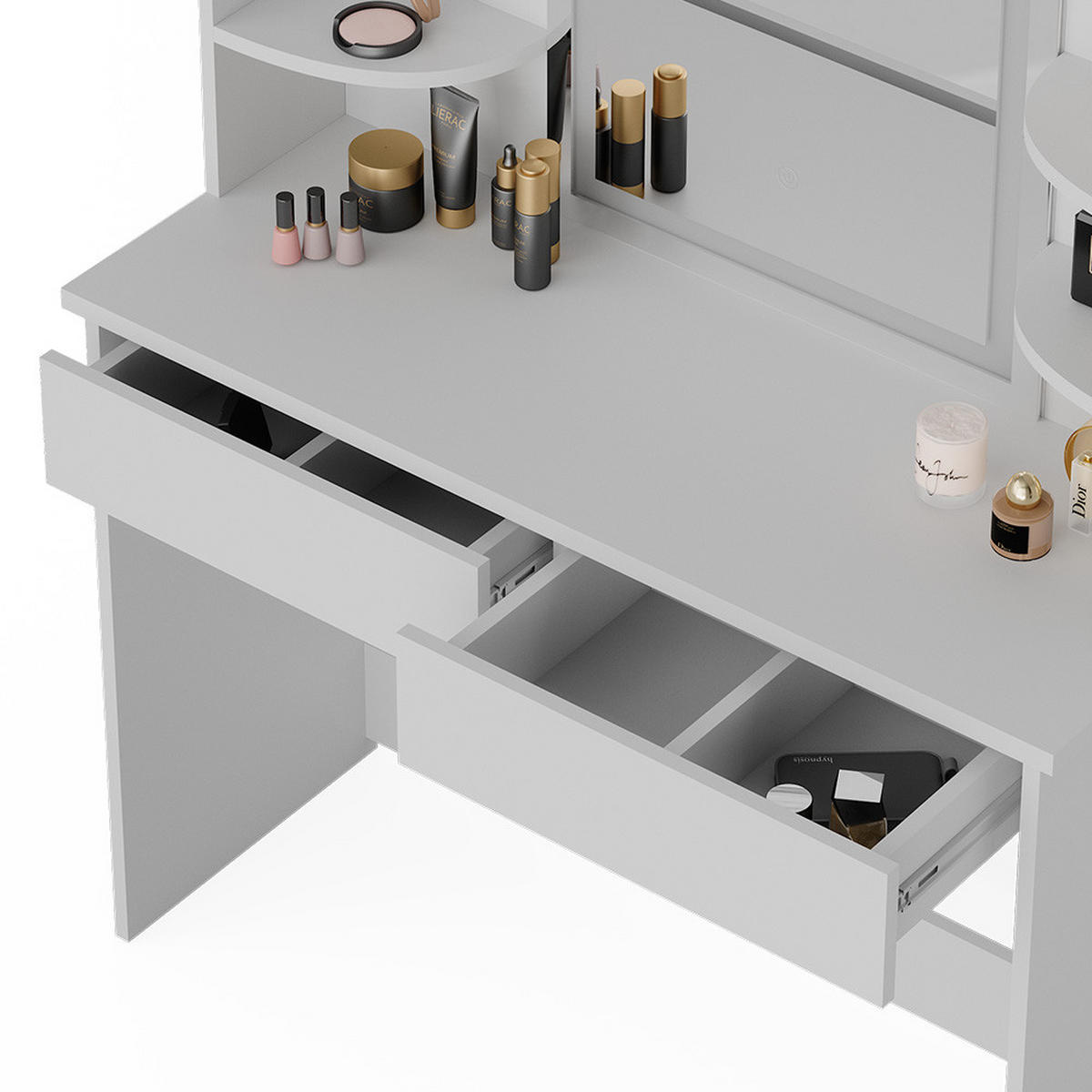 SCHMINKTISCH Charlotte Weiß 106 cm mit LED-Spiegel und Hocker - Weiß, Holzwerkstoff (106/142/40cm) - Vicco