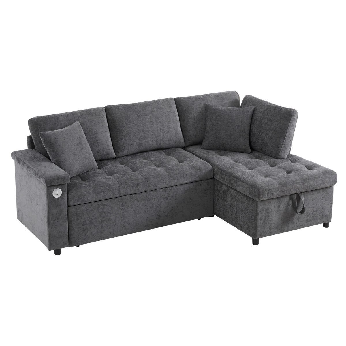 ECKSCHLAFSOFA 209/130/84 cm Dunkelgrau mit Stauraum, USB-Ladegerät, Armlehnenablage und 2 Kissen - Dunkelgrau, Textil (209/130cm) - Oxeza