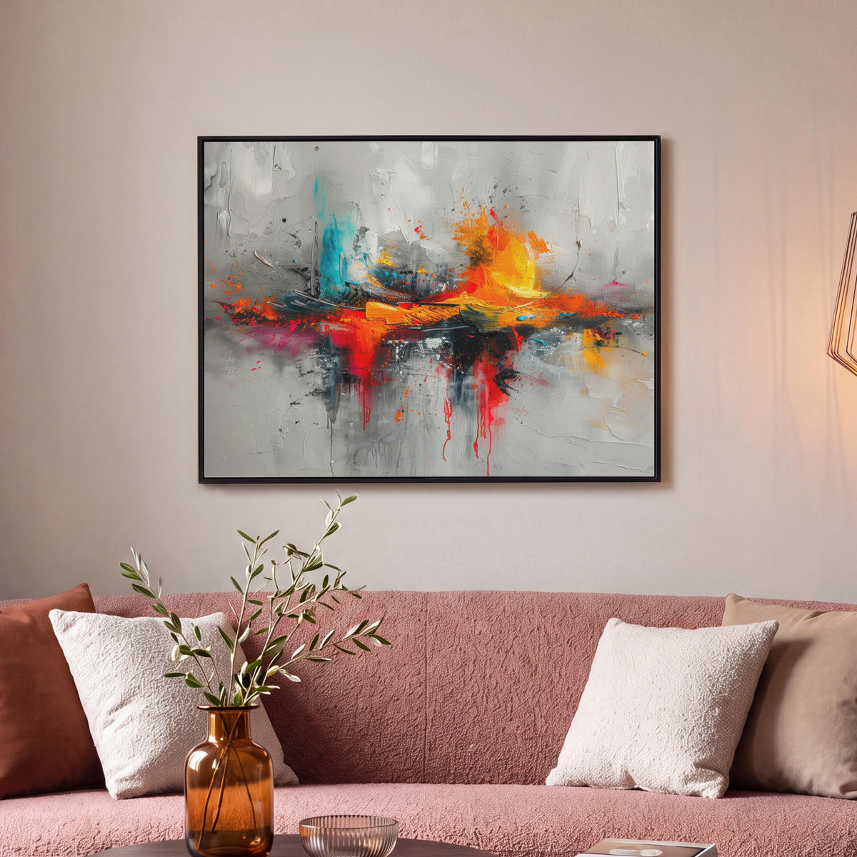 LEINWAND Bilder mit Rahmen - Moderne Kunst - Orange - Grau - Abstrakt - 70x50 - Hellgrau, Textil (70/50cm) - MuchoWow