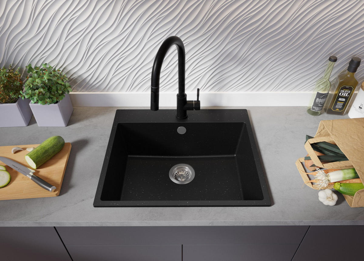 SPÜLBECKEN Riga, 2-er set Schwarz Metallic 58/50 cm 1 Becken + Ablauf-Set ab 60er Unterschrank - Chromfarben/Schwarz Hochglanz, Kunststoff (58/20/50cm) - Primagran