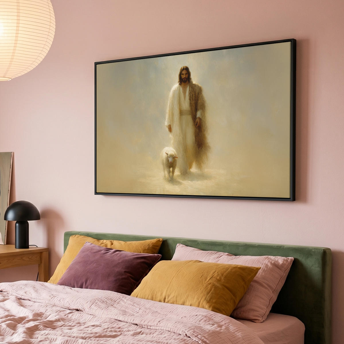 LEINWAND Bilder mit Rahmen - Schaf - Jesus - Pinselstriche - Abstrakt - 150x100 - Beige, Textil (150/100cm) - MuchoWow