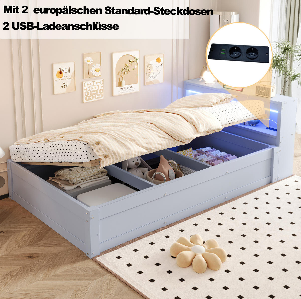 BETT 90/200 cm aus MDF mit LED-Lichtleiste, Grau - Grau, Holzwerkstoff (90/200cm) - OKMYHOME