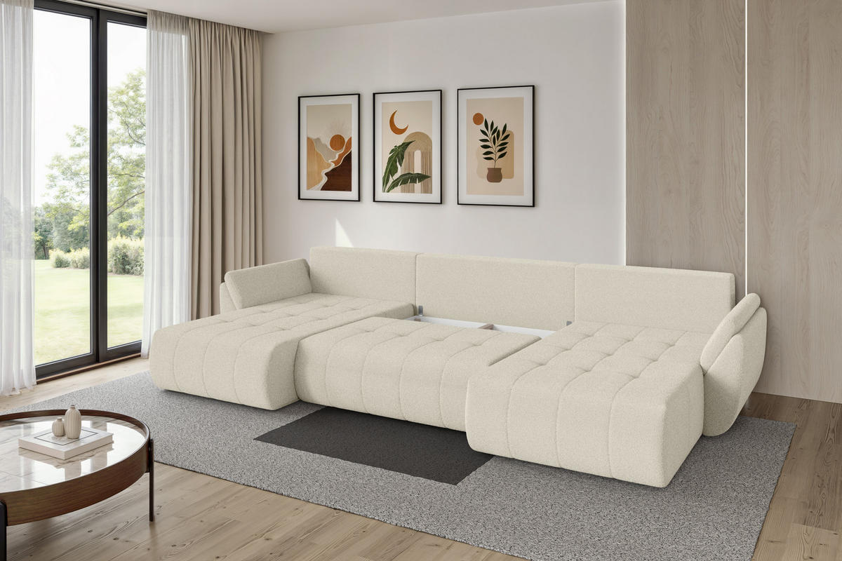 SEDACÍ SOUPRAVA DO U s funkcí spaní a úložným prostorem TOKO-U 378x194x86 béžová bouclé - černá/písková barva, kompozitní dřevo/textil (378/86/194cm) - ALTDECOR
