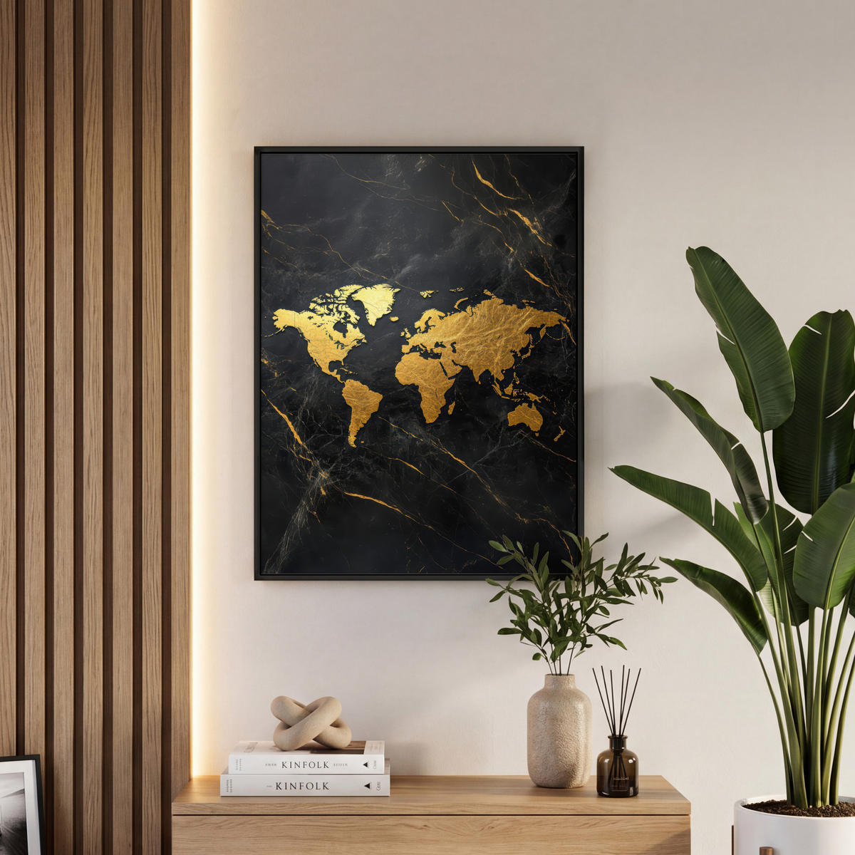 LEINWAND Bilder mit Rahmen - Weltkarte - Gold - Marmor - 60x80 - Goldfarben, Textil (60/80cm) - MuchoWow