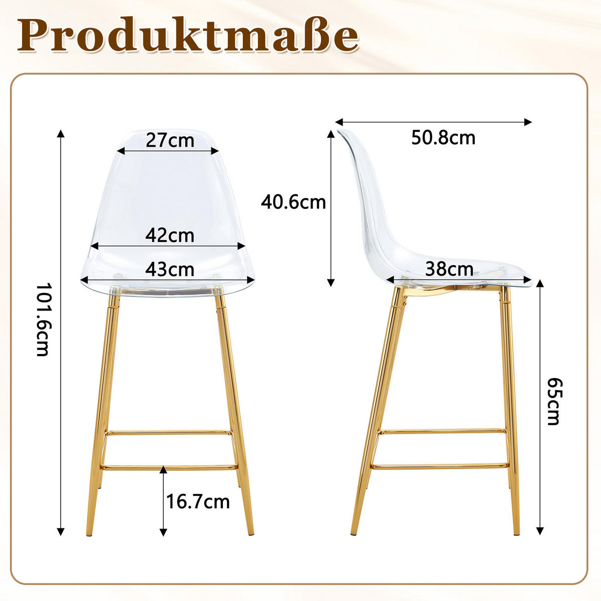 BARHOCKER Transparent mit Metallgestell Goldfarben - Goldfarben, Kunststoff (45/102/51cm) - MIVRAY