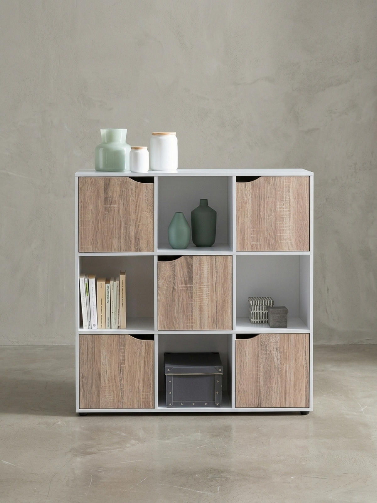 REGAL – Weiß/Sonoma, 89x91x29 cm, 9 Fächer, für Bücher und Deko - Schwarz/Weiß, Holz (89/91/29cm) - KADIMA DESIGN