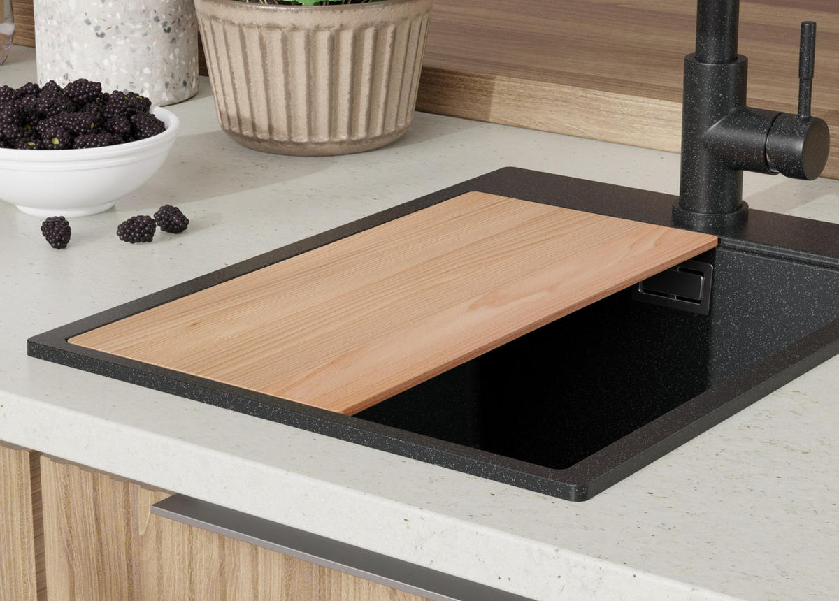 SPÜLBECKEN Oslo, 3-er set Anthrazit 38/50 cm, 1 Becken + Ablauf-Set + Schneidebrett ab 40er Unterschrank - Chromfarben/Anthrazit, Kunststoff (38/20/50cm) - Primagran