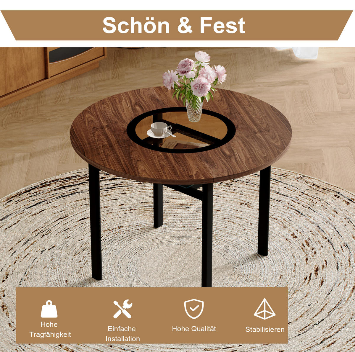 ESSTISCH aus MDF, Glas und Metall 100x100x76 cm Braun/Schwarz mit Glasintarsie und Ablageboden - Braun, Holzwerkstoff (100/100/76cm) - Modfu