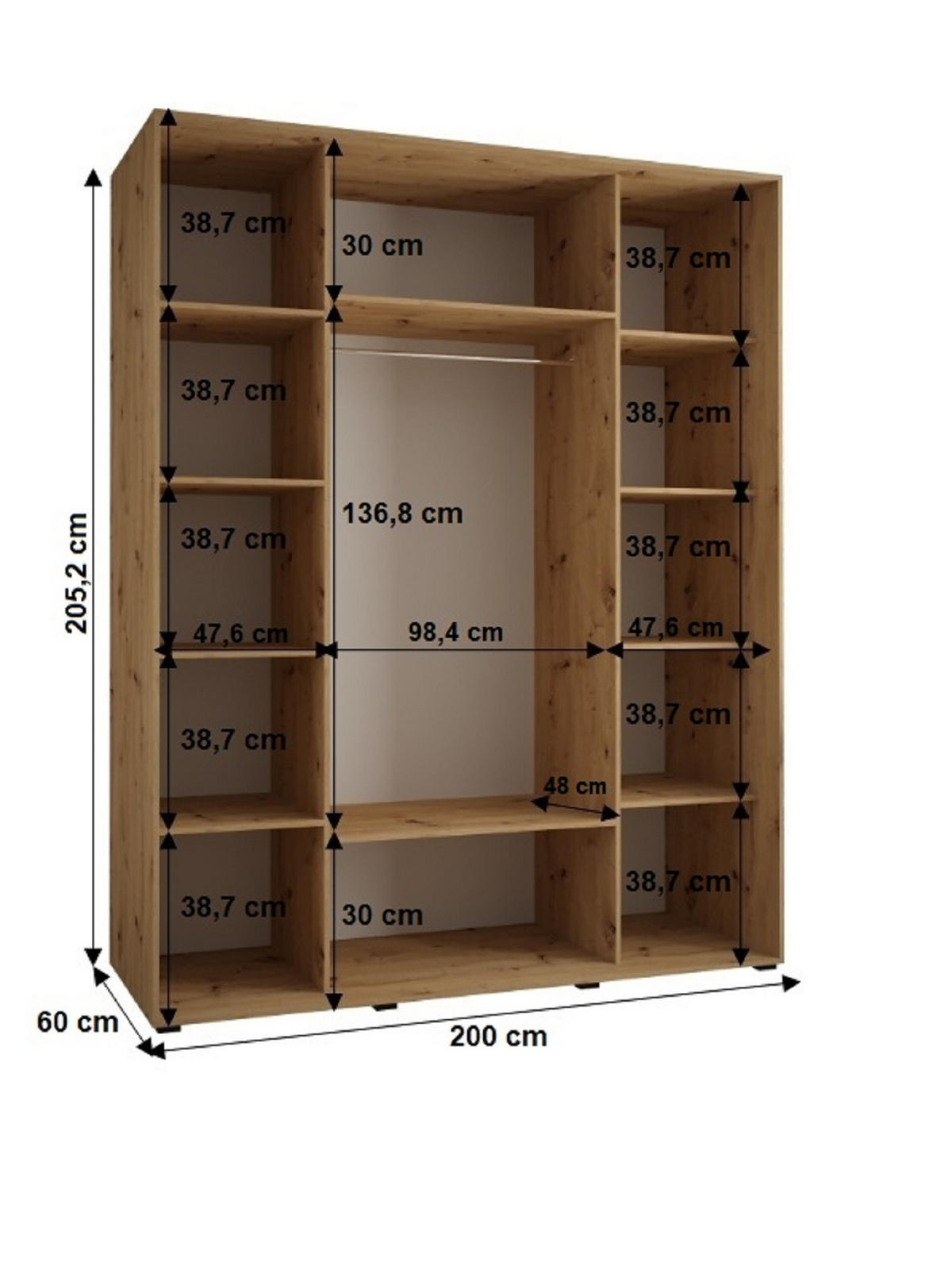 SCHWEBETÜRENSCHRANK 205,2/200/60 3-türig - Schwarz/Eiche Artisan, Holz/Metall (200/205.2/60cm) - Abiks Möbel