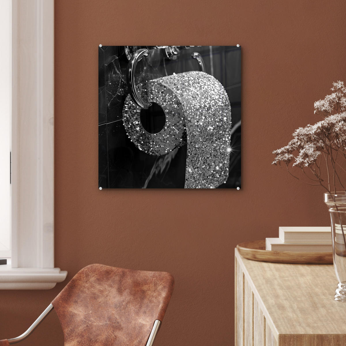 ACRYLGLASBILD WC - Toilettenpapier - Schwarz und weiß - Glitter 50x50 cm - Silberfarben, Glas (50/50cm) - MuchoWow
