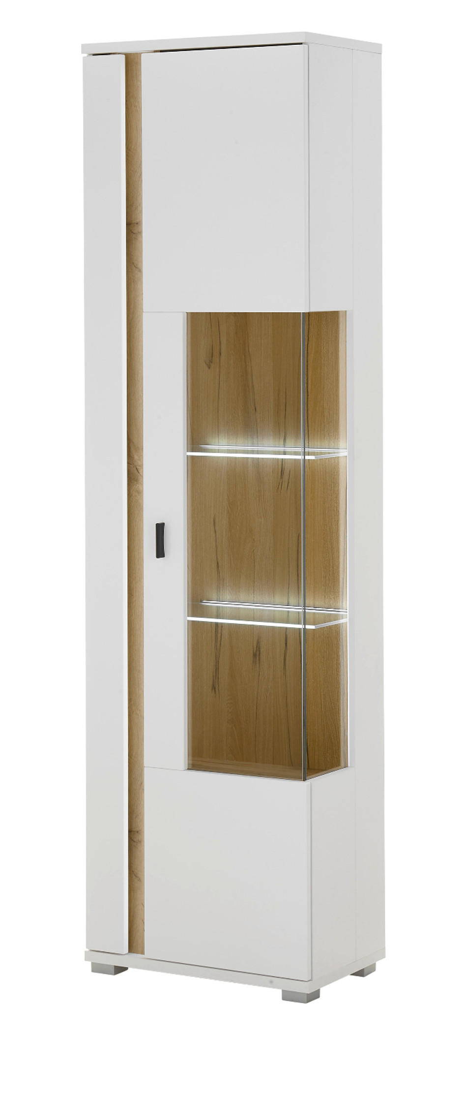 VITRINE weiß matt, Eiche Wotan 55 x 200 cm, Vitrinenschrank inklusive Frontbeleuchtung - Silberfarben/Eiche Wotan, Glas/Holzwerkstoff (55/200/35cm) - Furn.Design