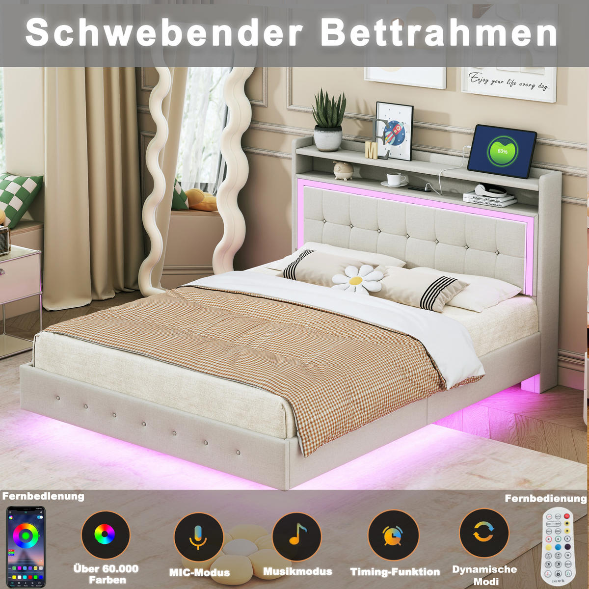 POLSTERBETT 140x200 Leinen USB LED Doppelbett Beige - Beige, Holzwerkstoff - FLIEKS