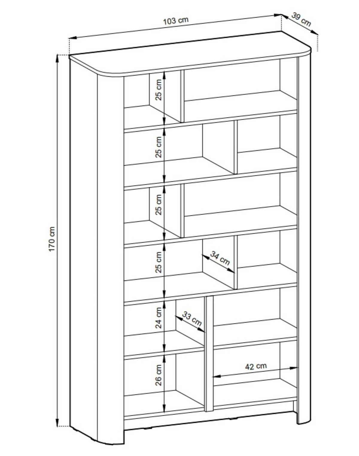BÜCHERREGAL Fari Eiche Vincenza - Hellbraun/Schwarz, Holzwerkstoff (103/170/39cm) - Bettso
