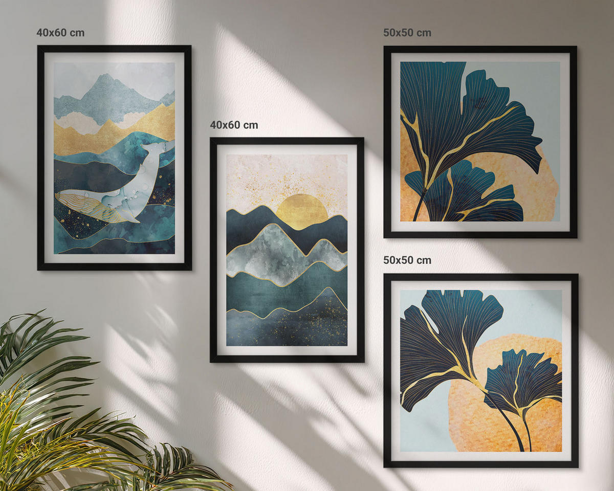 WANDBILDER 4er-Set - 50x50 cm & 40x60 cm Schwarzer Rahmen - Abstrakte ästhetische Berge - Schwarz, Kunststoff (50/50cm) - ArtPrintCave