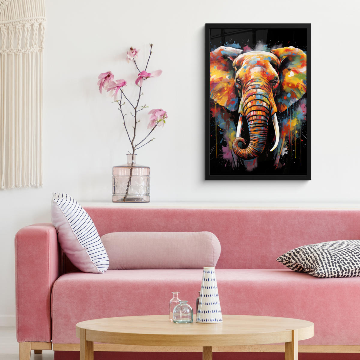 GERAHMTES BILD Elefant - Graffiti - Schwarz - Tiere - Farben 40x60 cm - Schwarz, Papier (40/60cm) - MuchoWow