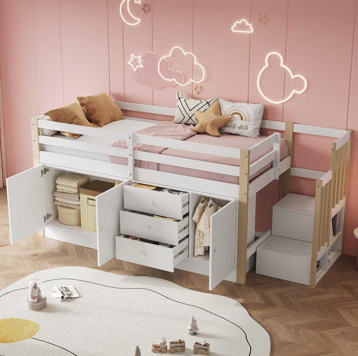 VYVÝŠENÁ posteľ 90/200 cm MDF biela, s úložným priestorom a schodmi - biela, kompozitné drevo (90/200cm) - BEAOK