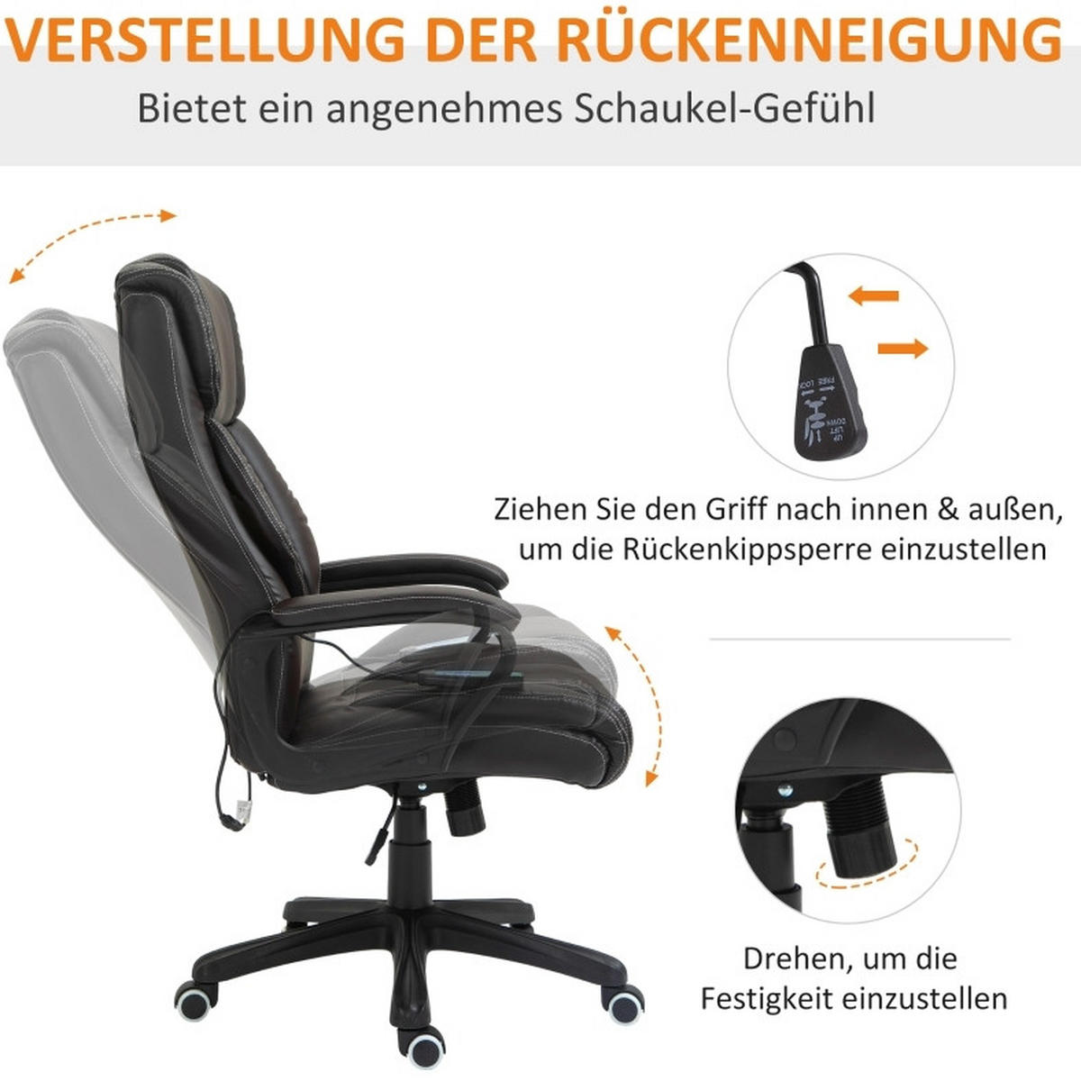 BÜROSTUHL in Braun 64x74x120 cm mit 6-Punkte-Massage und Wippfunktion, höhenverstellbar - Braun, Kunststoff (74/120/64cm) - IVMEU