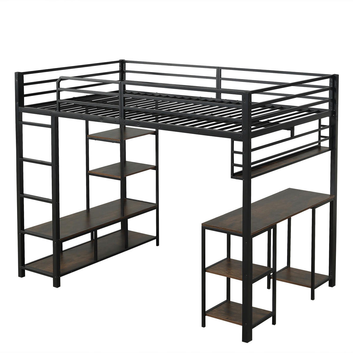 HOCHBETT 120/200 cm in Schwarz & Dunkelwalnuss mit Schreibtisch, Ablage und Leiter - Schwarz, Holzwerkstoff/Metall (120/200cm) - CHICFURN