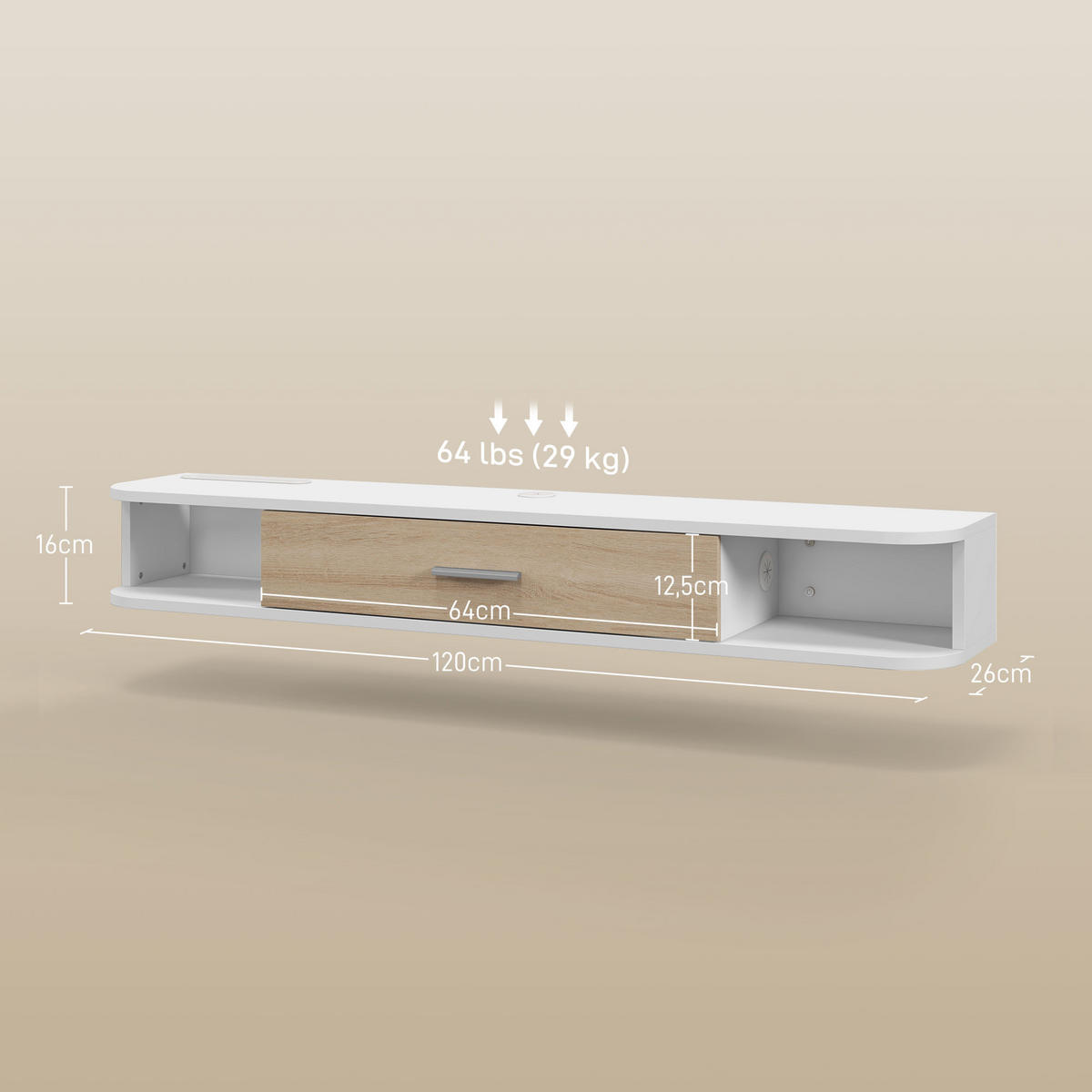 LOWBOARD Weiß 120/26/16 cm, Wandhängend, mit Klapptür - Weiß, Holzwerkstoff (120/16/26cm) - PANGIVO