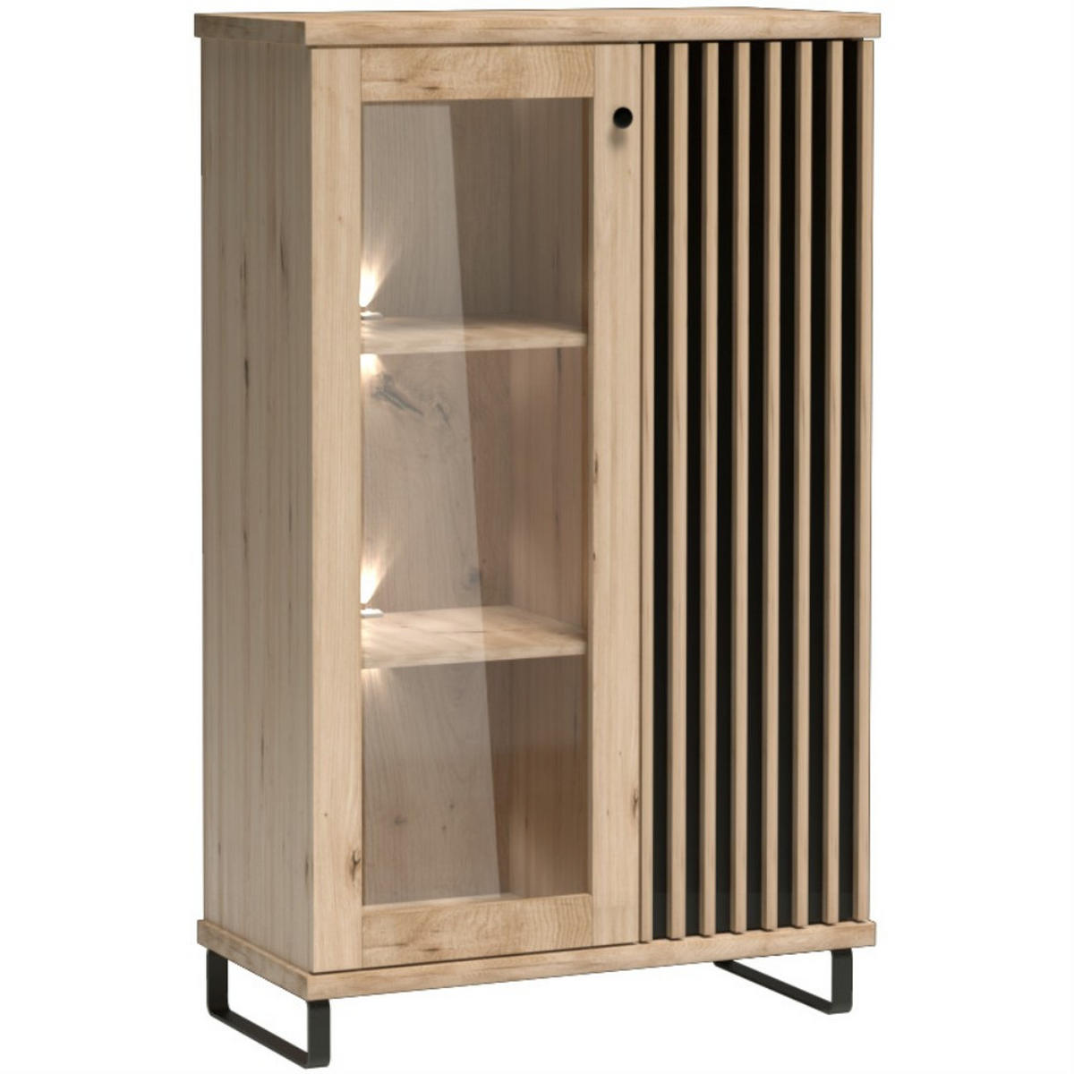 VITRINE Caya mit zwei Türen, Metalbeinen und LED-Beleuchtung - Schwarz/Eiche Artisan, Holzwerkstoff/Metall (86/142/41cm) - Beautysofa