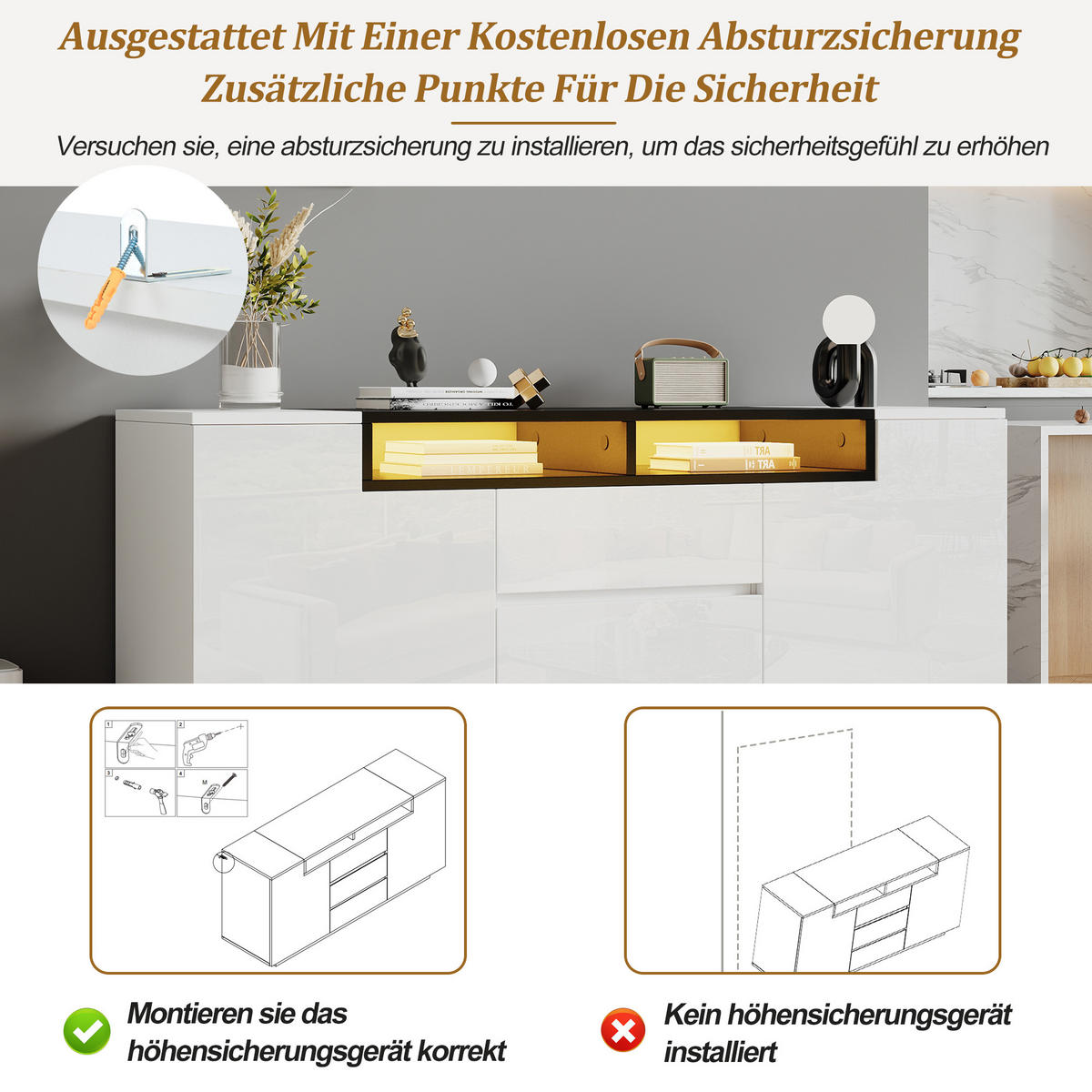 SIDEBOARD 140 cm 2 L-förmige Türen, 3 Schubladen, LED-Beleuchtung, Hochglanz Weiß & Schwarz - Weiß Hochglanz, Holzwerkstoff (140/48/60cm) - Urban Meuble