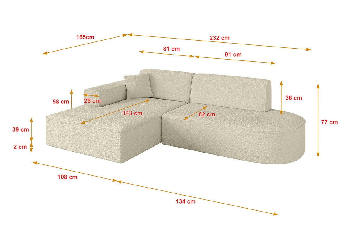 ECKSOFA Ottomane Links IREA-L1-v4 - 232x165x77 cm Beige - Creme, Holzwerkstoff/Textil (232/165cm) - ALTDECOR
