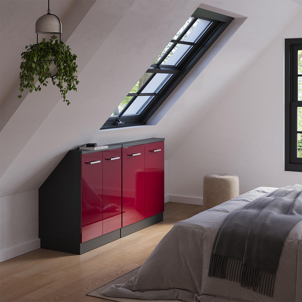 DACHSCHRÄGENSCHRANK-SET Rion Rot Hochglanz/Anthrazit 2er Set - Anthrazit/Rot, Holzwerkstoff (140/81.6/46cm) - Vicco