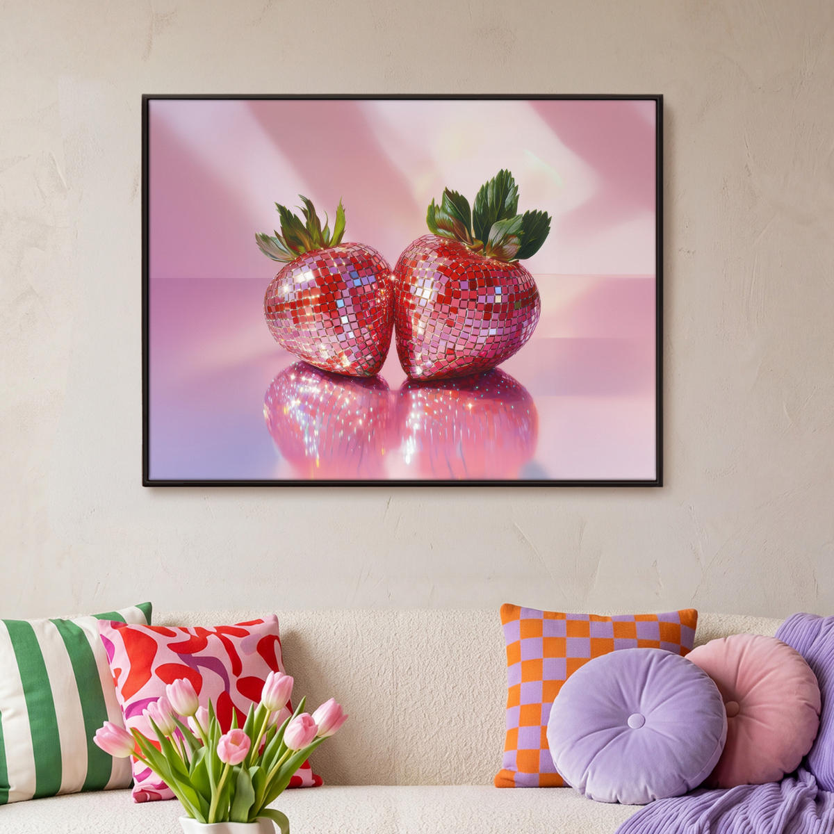 LEINWAND Bilder mit Rahmen - Disco - Obst - Glitzer - Erdbeere - 100x70 - Pink, Textil (100/70cm) - MuchoWow