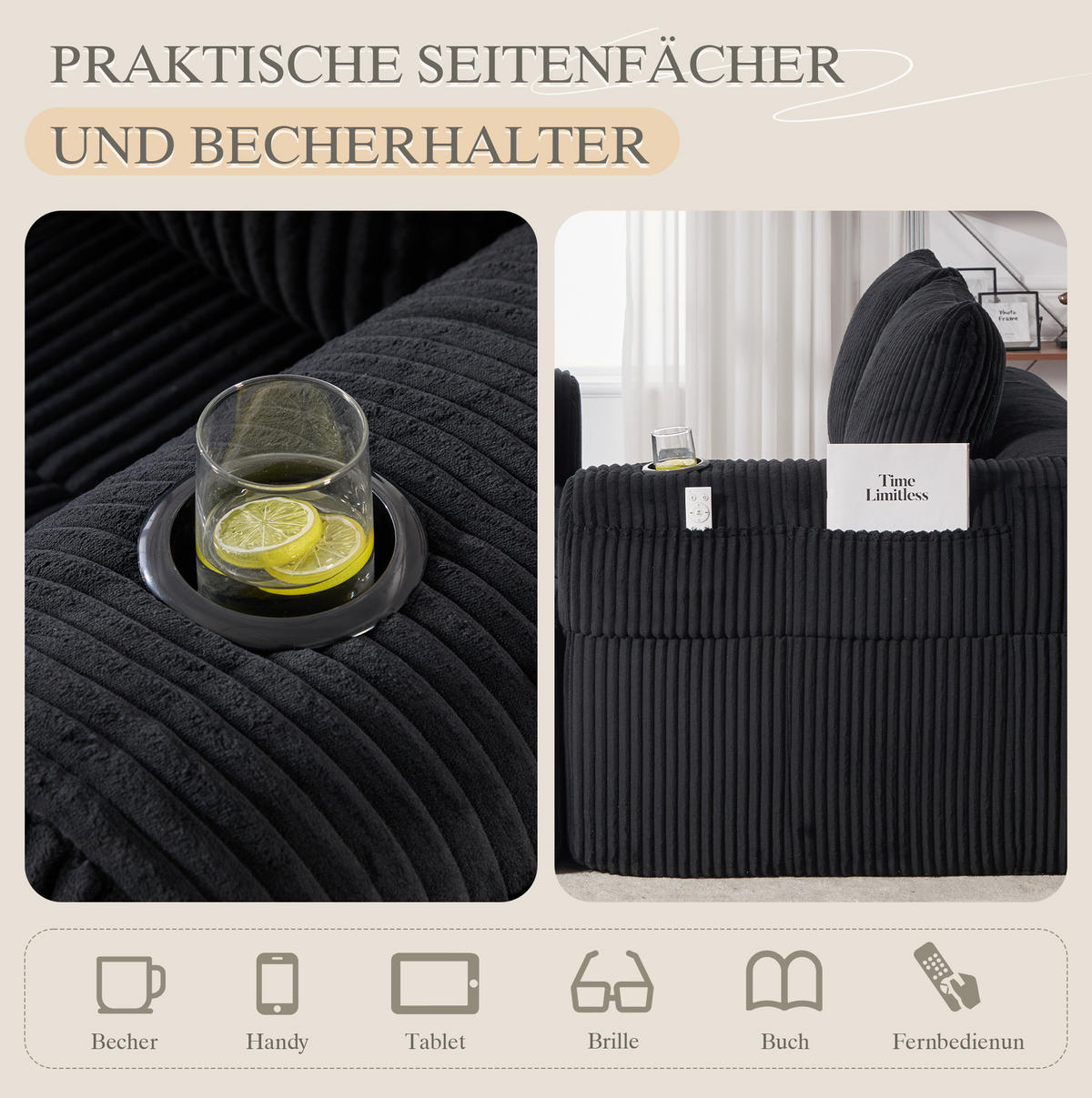 SOFA kompakt 158 x 93 x 61 cm Cord Black - Schwarz, Kunststoff (158.1/61/93cm) - Meubliv