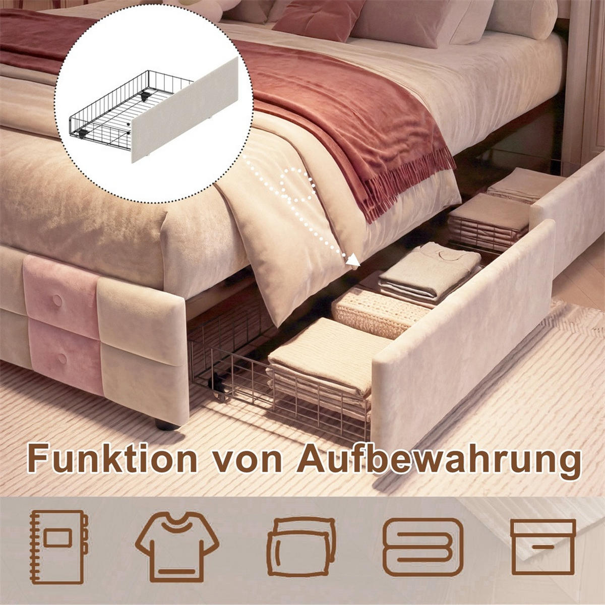 POLSTERBETT 140x200 cm - mit LED-Beleuchtung&USB-Ladefunktion und 4 Schubladen - ohne Matratze - Weiß-Rosa - Pink, Textil (140/200cm) - DELFA