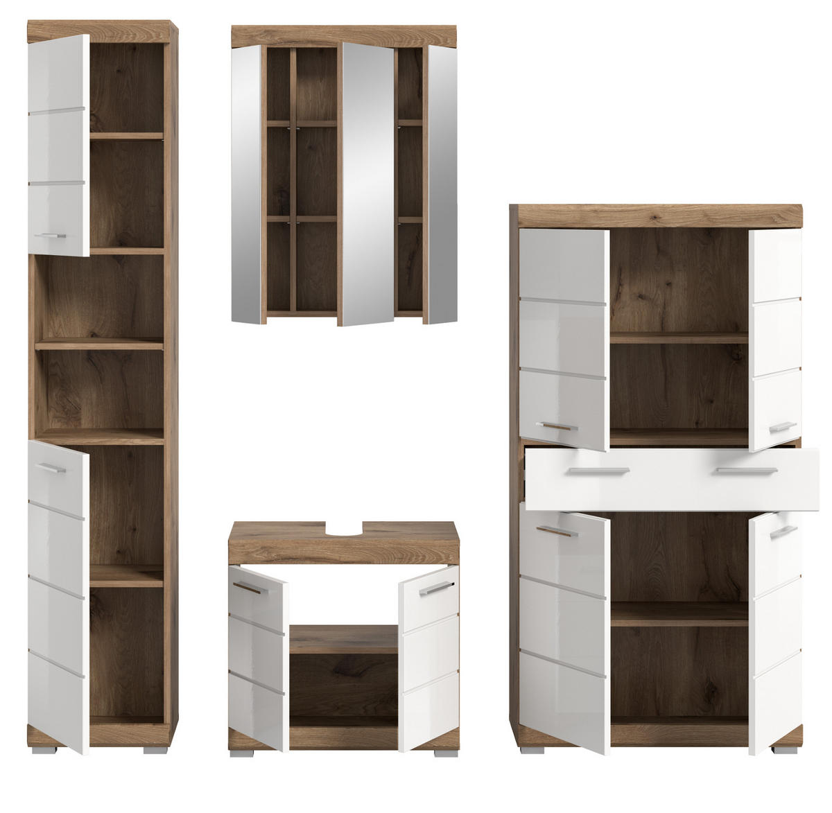 BADMÖBEL-SET weiß Hochglanz, Eiche 4-teilig 200 cm mit viel Stauraum - Weiß Hochglanz/Eichefarben, Glas/Holzwerkstoff (200/191/34cm) - Inn.Furn