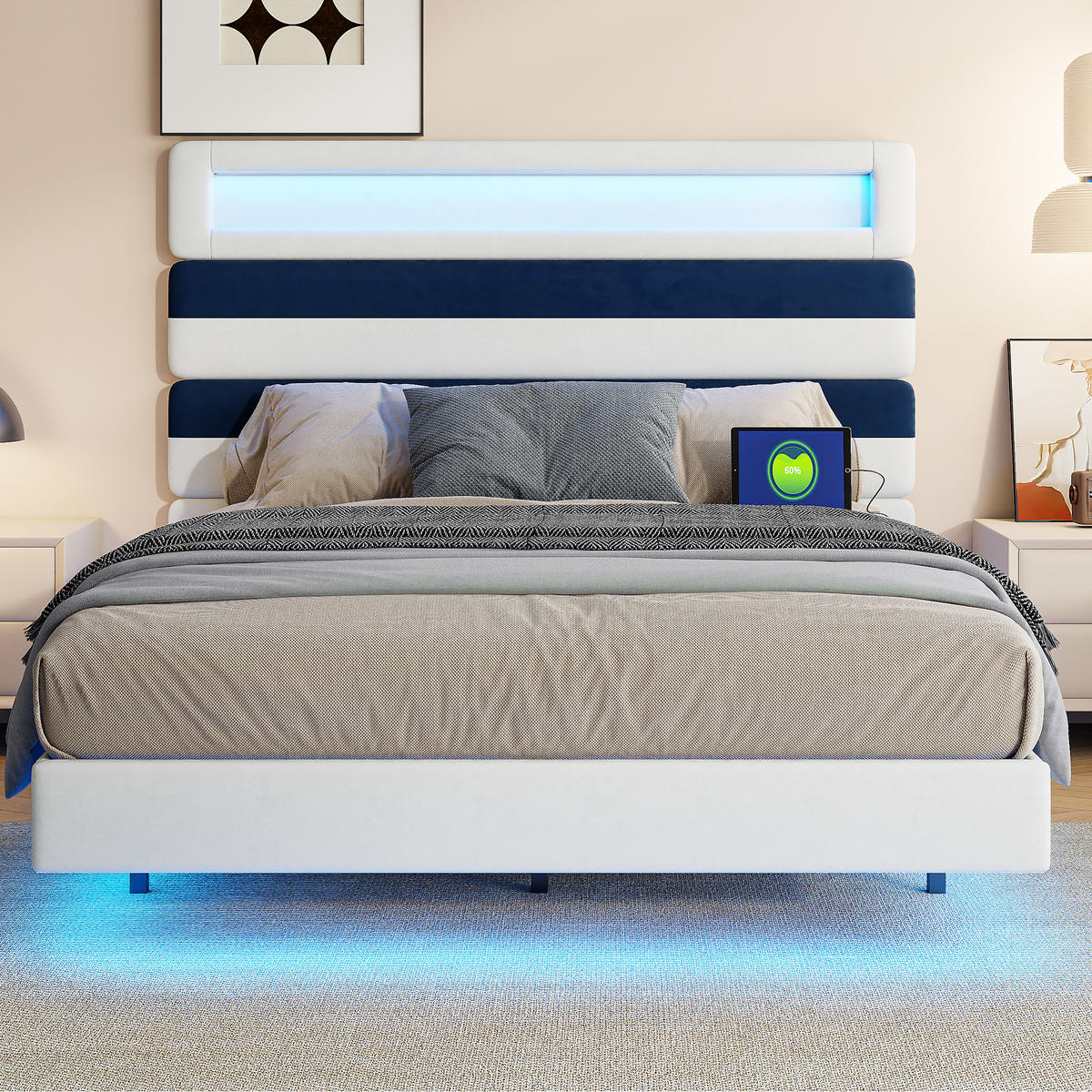 POLSTERBETT 140x190 cm, Weiß/Blau, LED-Beleuchtung und USB - Blau, Textil/Metall (140/190cm)