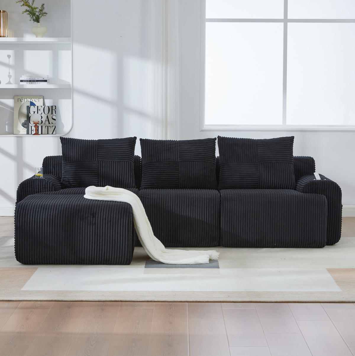 SOFA modular 268 x 174 cm Cord Schwarz mit Cupholder - Schwarz, Kunststoff (174/268cm) - Meubliv
