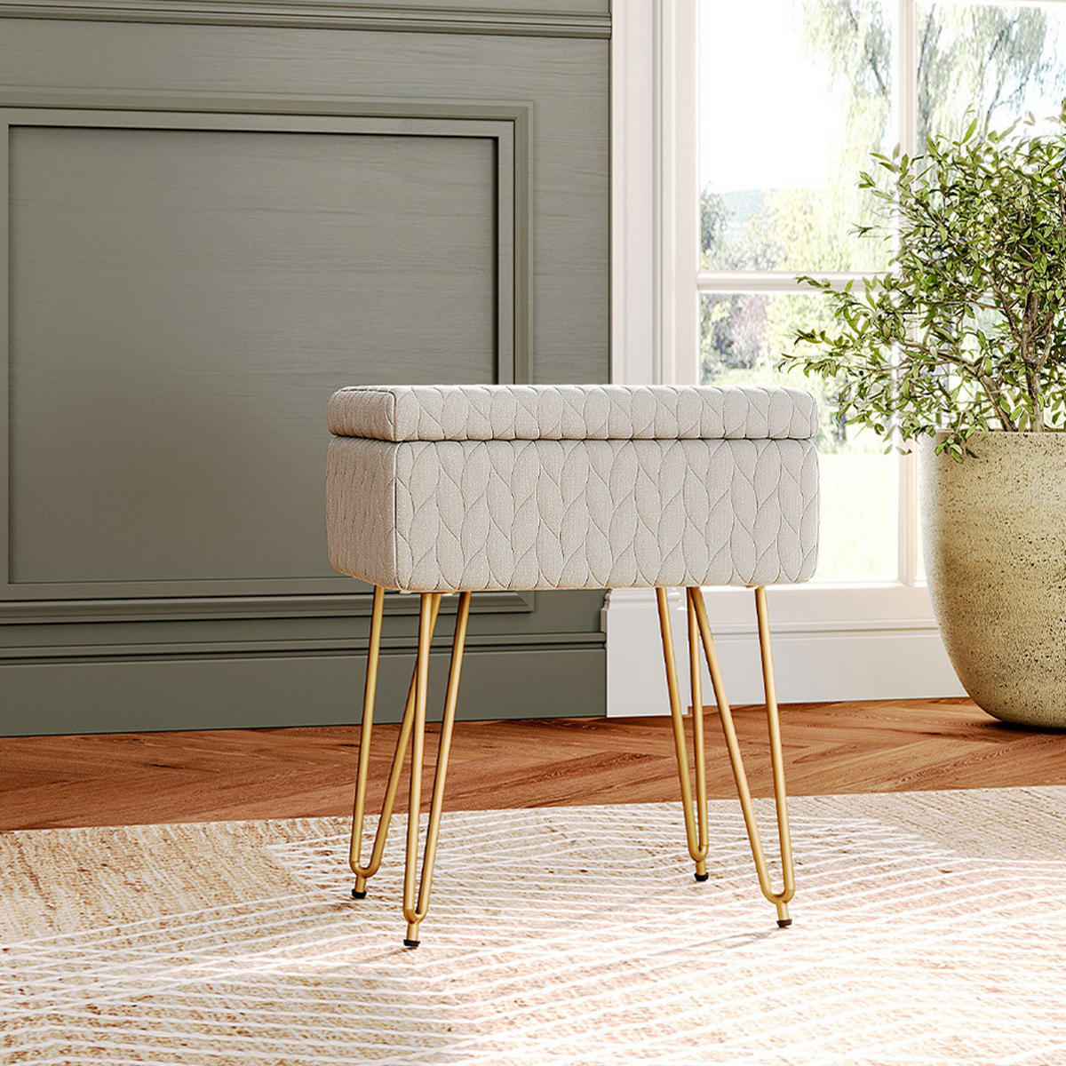 SCHMINKTISCHHOCKER 40/30/48 cm Stauraum Metallbeine Plüschstoff Beige - Beige/Goldfarben, Holz/Textil (40/48/30cm) - Livingandhome