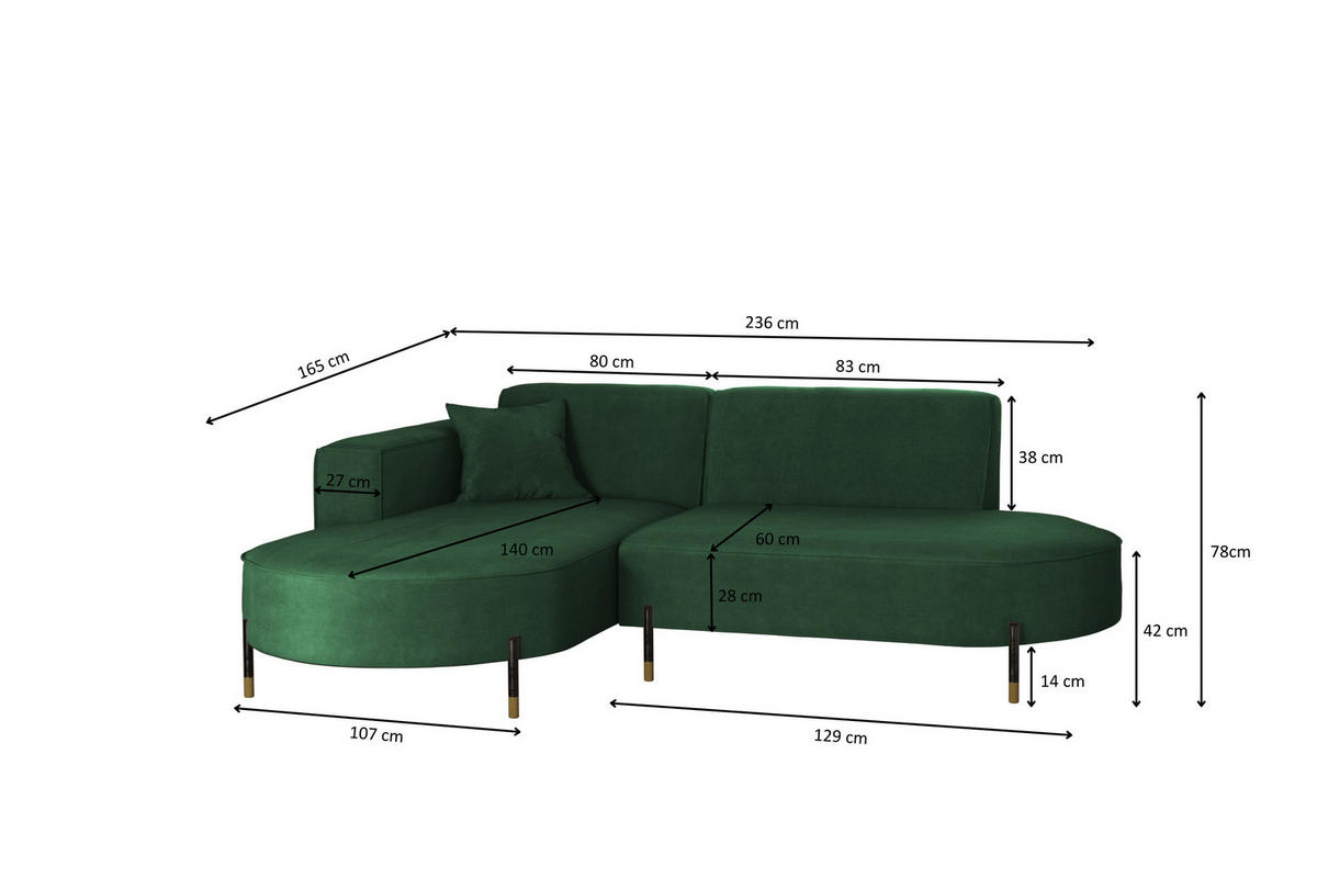 ECKSOFA L-Form Designer Modena Rein Stoff Noel Grün Links - Grün, Holz/Textil (165/236cm) - Kaiser Möbel