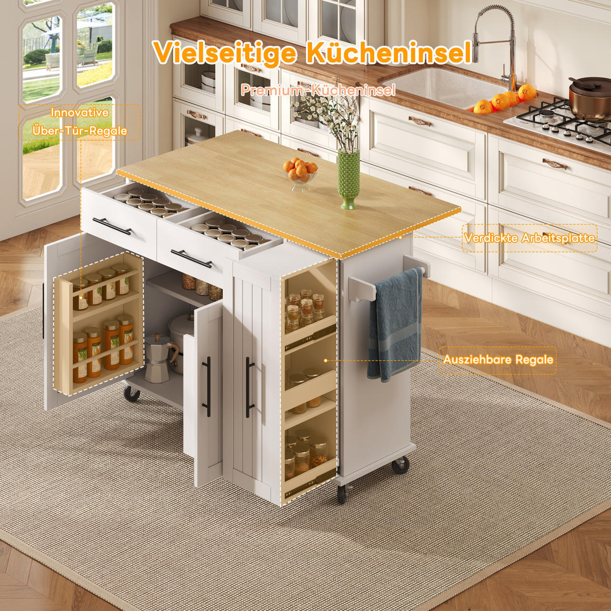 KÜCHENINSEL 120/90/40(65) cm Weiß/Natur aus MDF mit Klappblatt - Weiß, Holzwerkstoff (40/90/120cm) - OKMYHOME