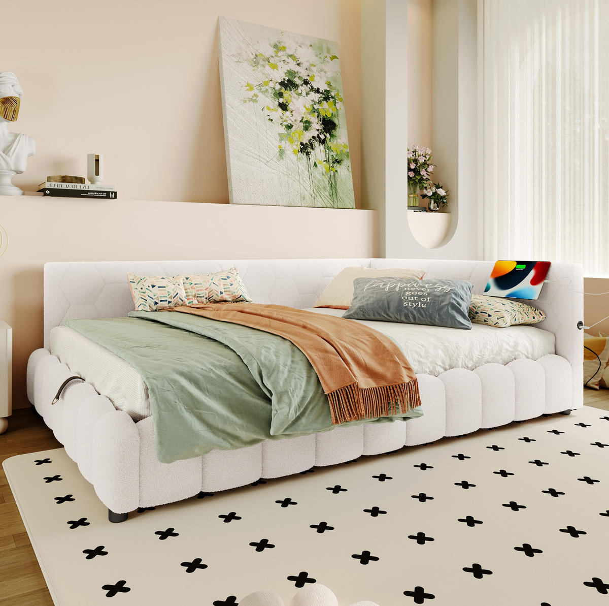 POLSTERBETT aus Vliesimitat 140x200 cm in Weiß mit LED & USB-C-Ladefunktion - Weiß, Textil (140/200cm) - Modfu