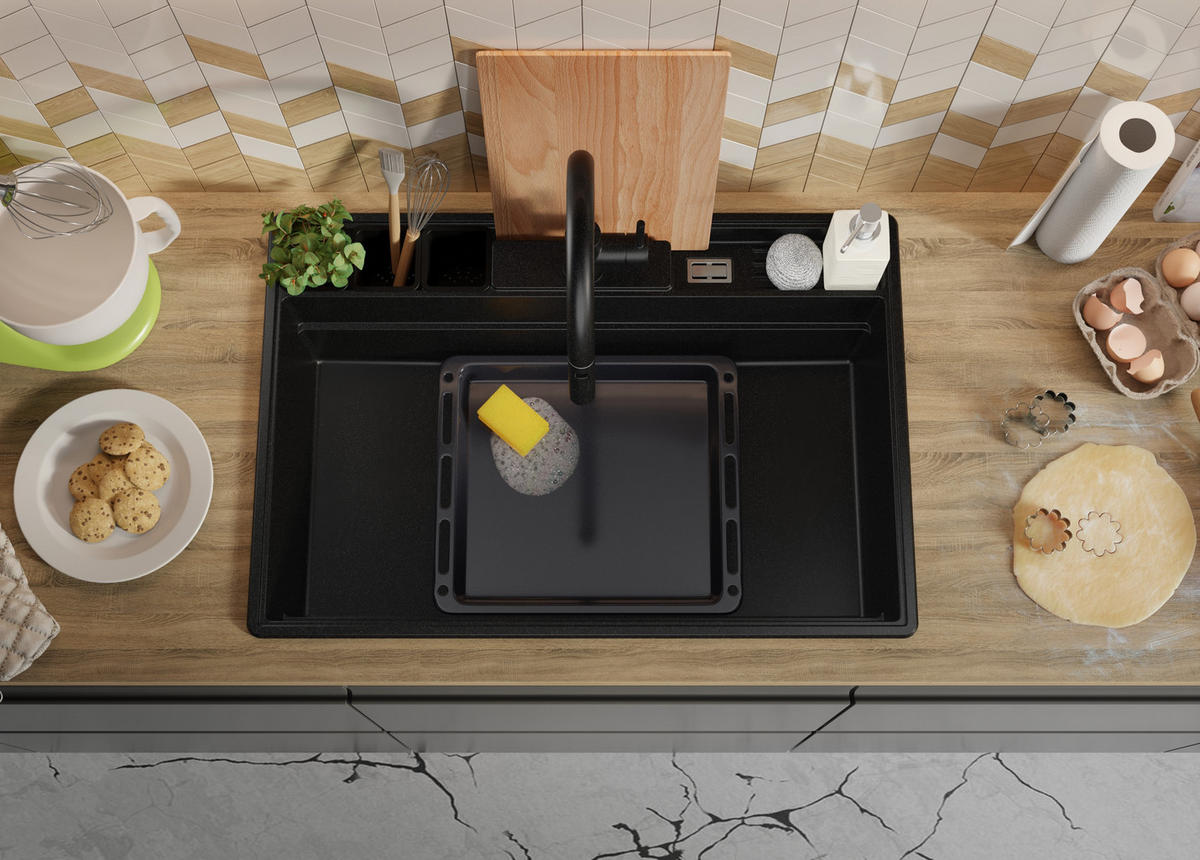 SPÜLBECKEN New York, 2-er set Schwarz 78/53 cm 1 Becken + Ablauf-Set + Küchenzubehörset ab 80er Unterschrank - Chromfarben/Beige, Kunststoff (78/20/53cm) - Primagran