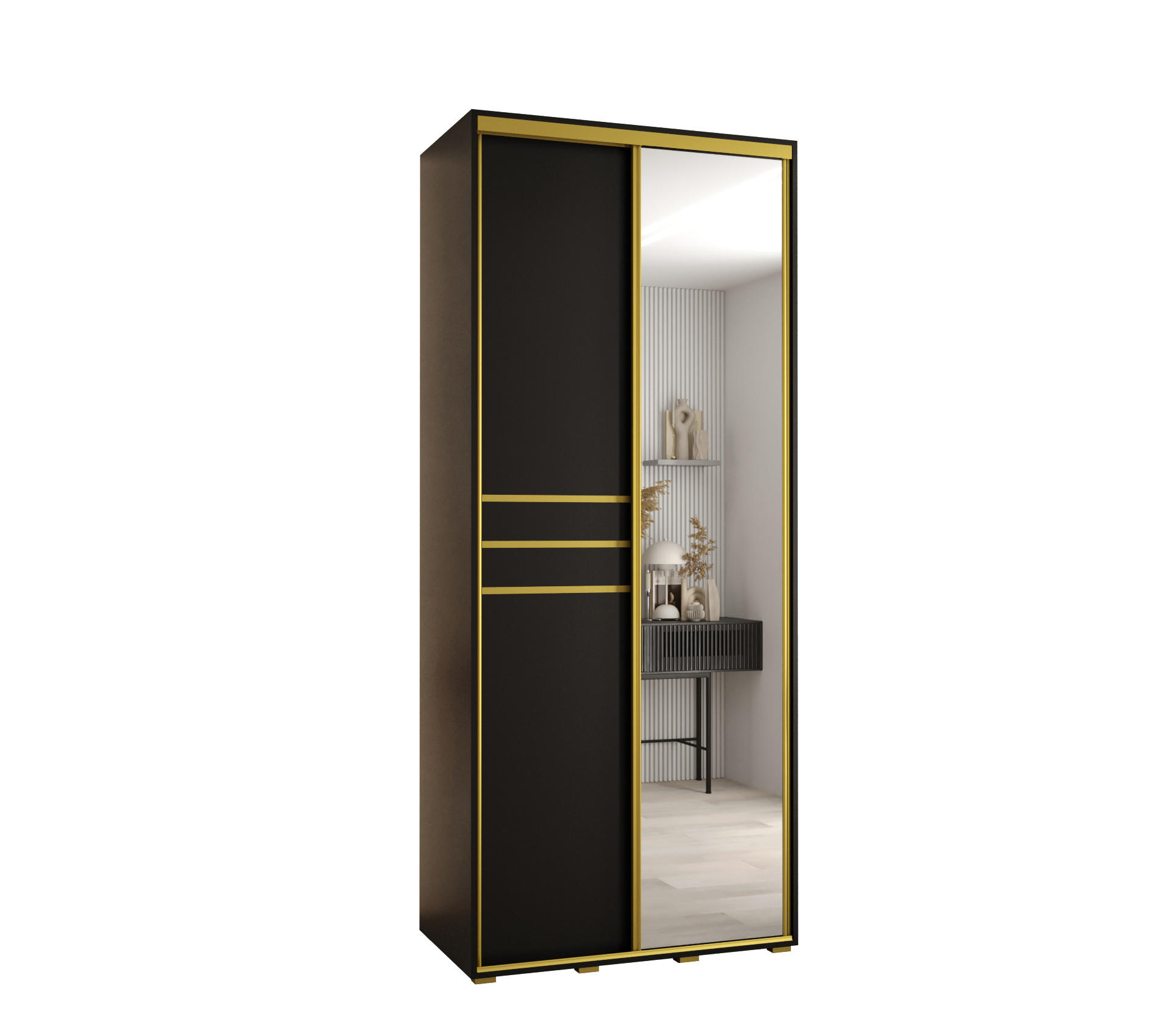Abiks Möbel Schwebetürenschrank Schwarz, Schwarz, Gold 100x235x60 cm