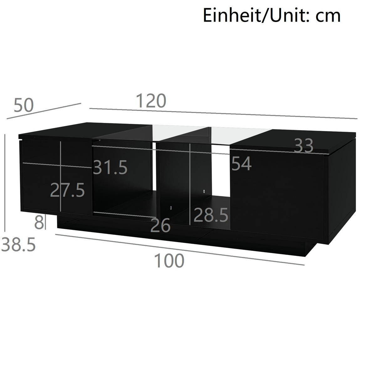 COUCHTISCH, Hochglanz/Matt mit Glasplatte und steuerbarer LED, 120/50/38,5 cm, Schwarz - Schwarz, Holzwerkstoff (120/50/38.5cm) - Redom
