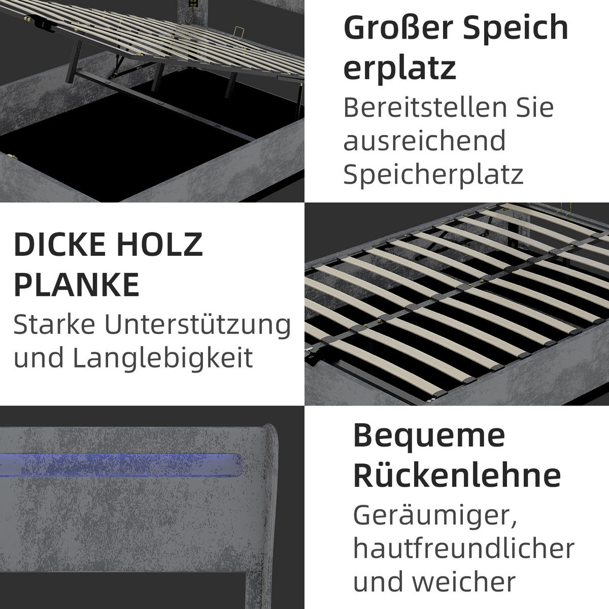POLSTERBETT 140/200 cm in Grau Stoff mit LED - Grau, Holzwerkstoff/Textil (140/200cm) - WISHDOR