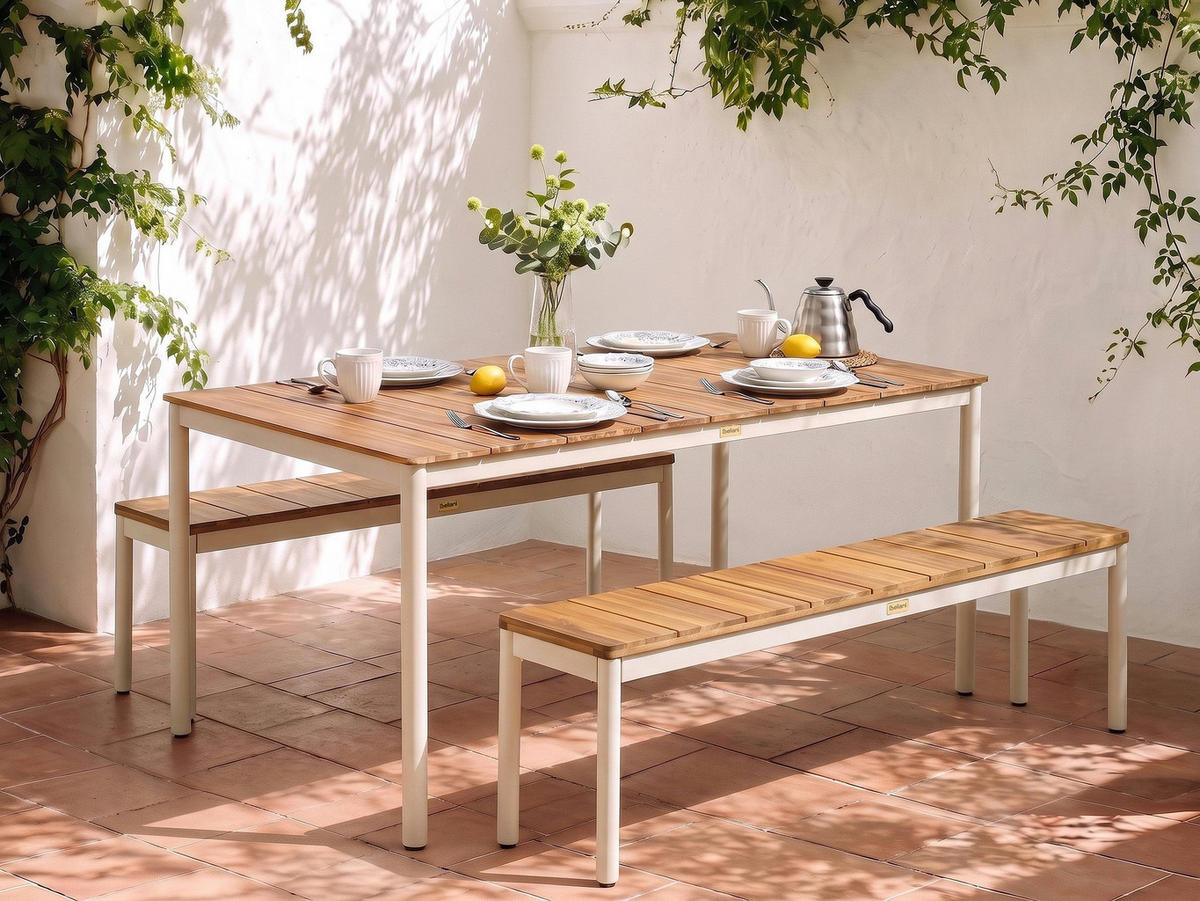 GARTENMÖBEL-SET mit Bänken 6-Sitzer Akazienholz Braun Giovinazzo - Creme, Holz - Beliani