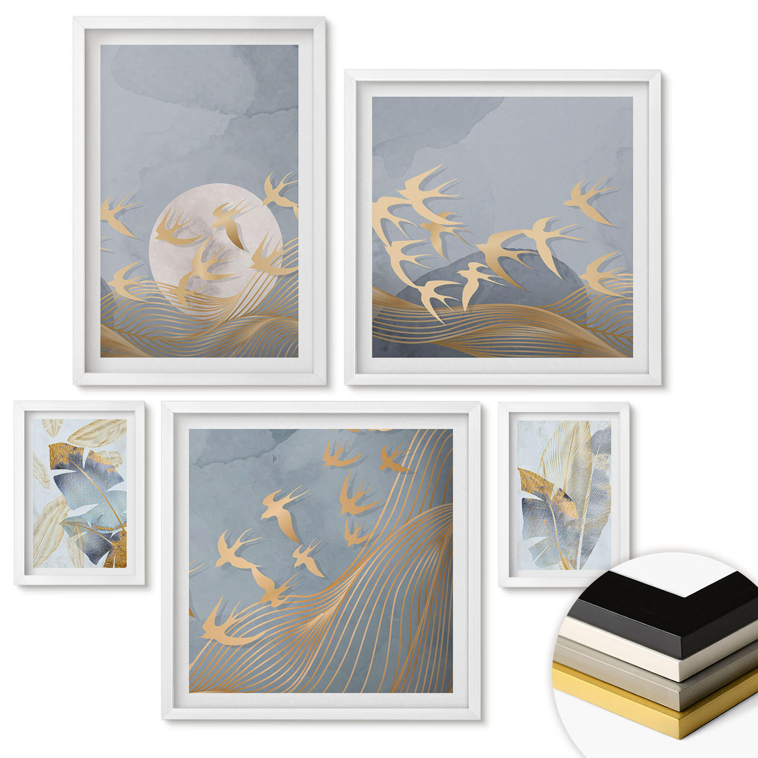 WANDBILDER 5er-Set - 50x50 cm & 20x30 cm & 40x60 cm Weißer Rahmen - Blaubeige Blätter im Hintergrund - Weiß, Kunststoff (40/60cm) - ArtPrintCave