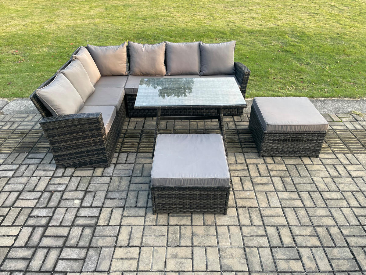 BALKONMÖBEL-SETS mit Ecksofa,Länglicher Esstisch,2 große Fußhocker Polyrattan Dunkelgrau 8-Sitzer - Dunkelgrau/Grau, Glas/Kunststoff - Fimous