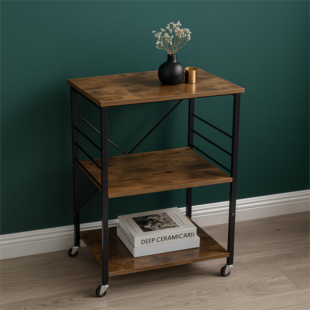KÜCHENREGAL Holzoptik Metall Dunkelbraun Schwarz mit Rollen 60×40×90 cm - Dunkelbraun/Schwarz, Holzwerkstoff/Metall (40/90/60cm) - Begryf